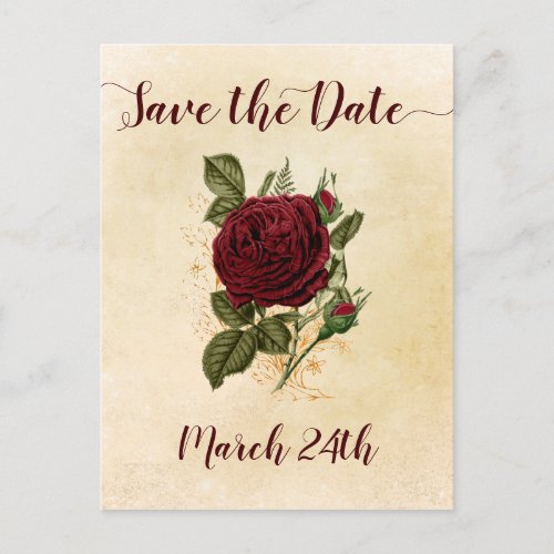 Vintage Champagne Burgundy Red Rose Save the Date Announcement Postcard
