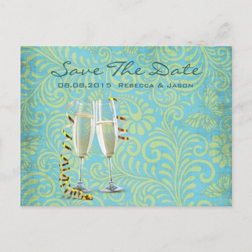 vintage champagne flutes teal gold damask wedding announcement postcard