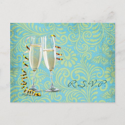 vintage champagne flutes teal gold damask wedding announcement postcard