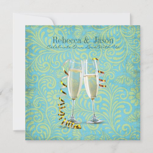 vintage champagne flutes teal gold damask wedding invitation