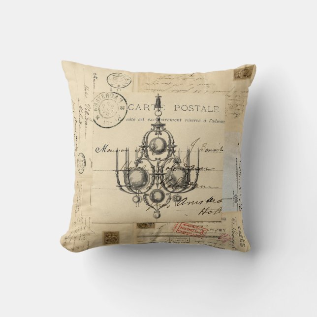 Vintage Chandelier French Postcards Pillow (Front)