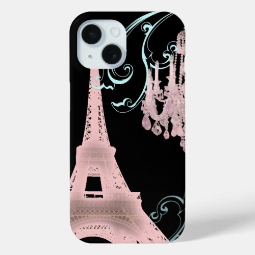 Vintage Chandelier pink Paris Eiffel Tower  iPhone 15 Case