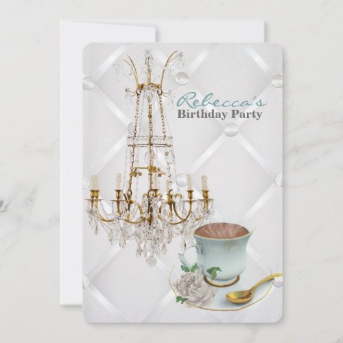 vintage chandelier tea cup paris birthday party invitation