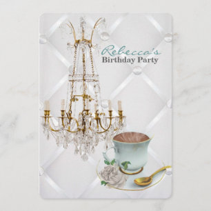 vintage chandelier tea cup paris birthday party invitation