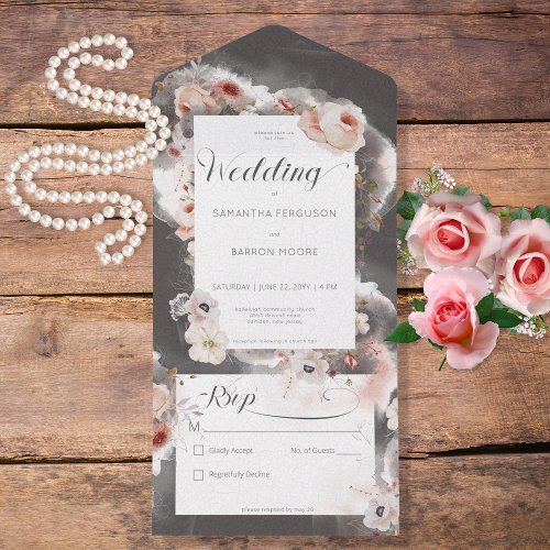 Vintage Charcoal Black  Pink Floral No Dinner All In One Invitation