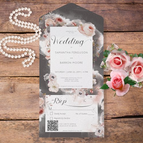 Vintage Charcoal Black  Pink Floral QR Code All In One Invitation