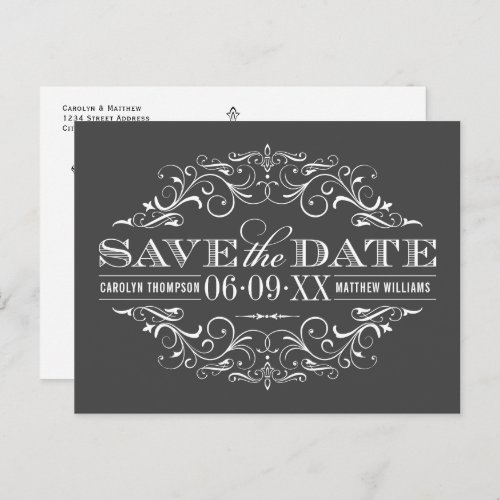 Vintage Charcoal Flourish Wedding Save the Date Announcement Postcard