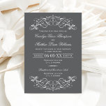 Vintage Charcoal Gray Flourish Wedding Invitation<br><div class="desc">Decorative swirls and flourishes frame this elegant vintage inspired wedding invitation design. Dark charcoal gray and white color scheme. Personalize the custom text for your marriage ceremony and reception.</div>
