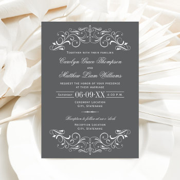 Vintage Charcoal Gray Flourish Wedding Invitation by Plush_Paper at Zazzle