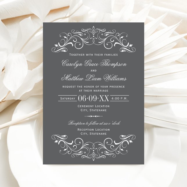 Vintage Charcoal Gray Flourish Wedding Invitation (Creator Uploaded)