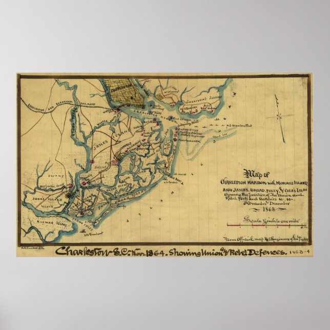 Vintage Charleston Harbor Battle Map (1865) Poster (Front)