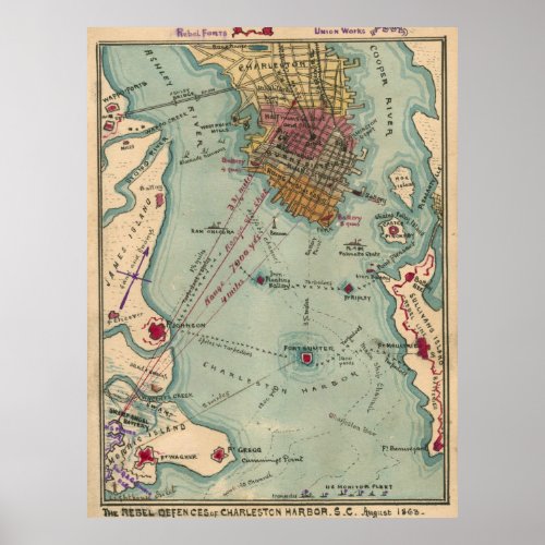 Vintage Charleston SC Civil War Map 1865 Poster