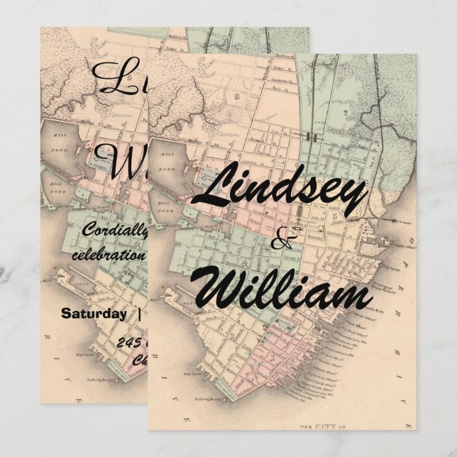 Vintage Charleston SC Map Wedding Invitation (Front/Back)