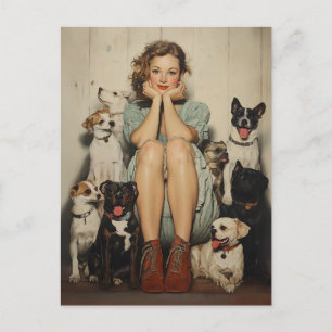 Vintage Charm = A Young Woman Surrounded by Dogs Postcard