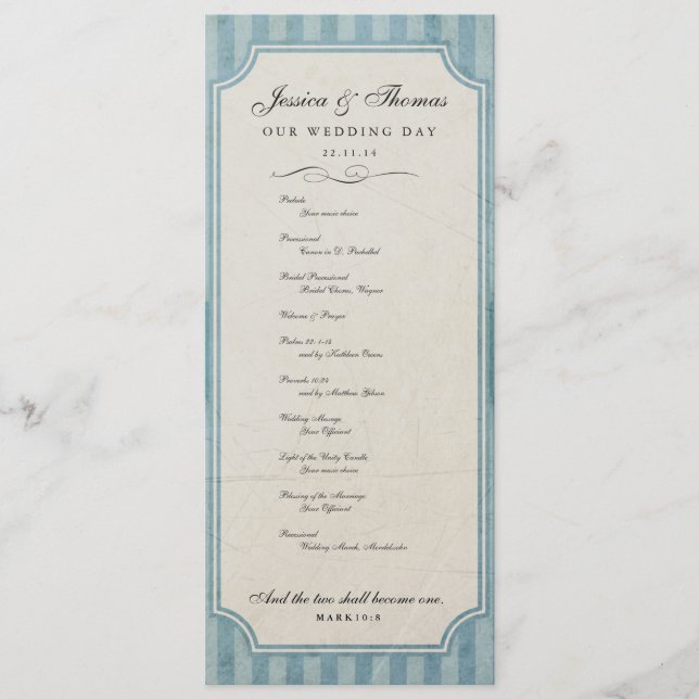 Vintage Charm Custom Blue Wedding Program (Front)