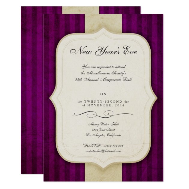 Vintage Charm Ivory & Aubergine New Year's Party Invitation