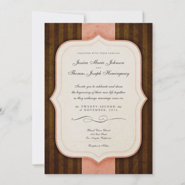 Vintage Charm Pink & Chocolate Monogram Wedding Invitation (Front)