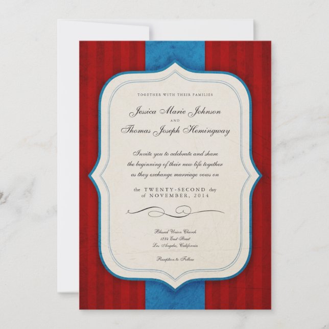 Vintage Charm Red & Blue Monogram Wedding Invitation (Front)