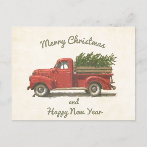 Vintage Charm Red Truck Carrying Christmas Tree Postcard