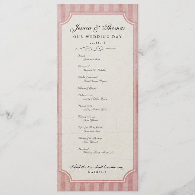 Vintage Charm Strawberry Pink Wedding Program (Front)