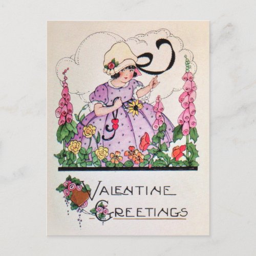 Vintage charming girl garden valentine card