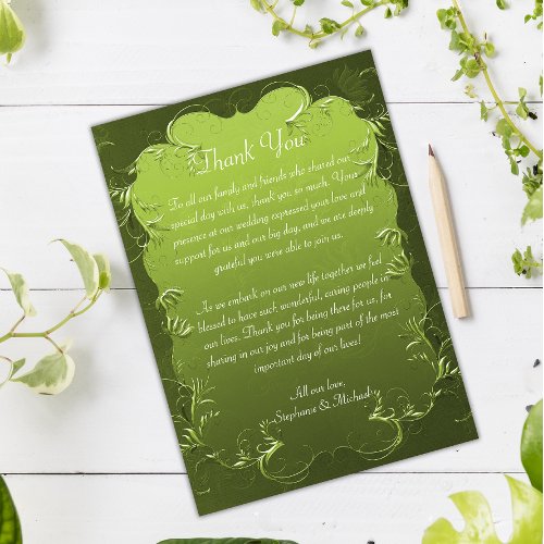 Vintage Chartreuse Green Wedding Thank You Card