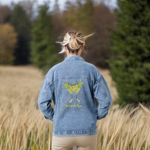 Vintage Chartreuse Luna Moth with Monogram Name Denim Jacket