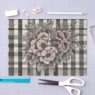 Vintage Check with Blush Blooms Decoupage Print Tissue Paper