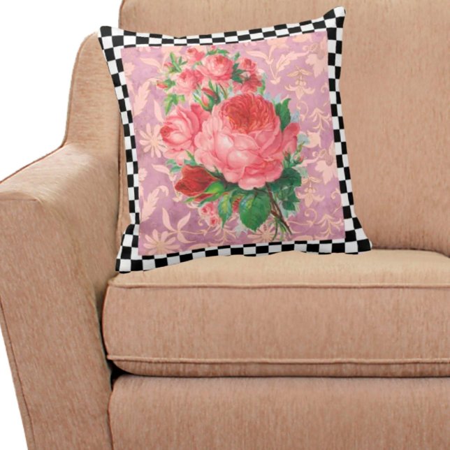Vintage Checkerboard and Pink Roses Throw Pillow (Creator Uploaded)