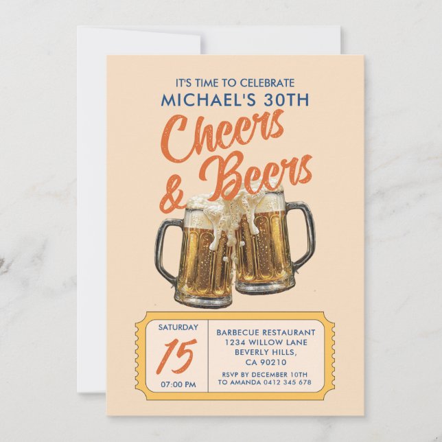 Vintage Cheers & Beers Adult 40th Birthday Party Invitation (Front)