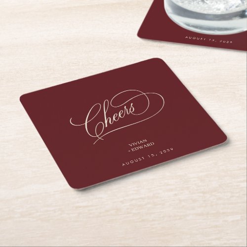 Vintage Cheers Burgundy & Ivory Wedding Square Paper Coaster