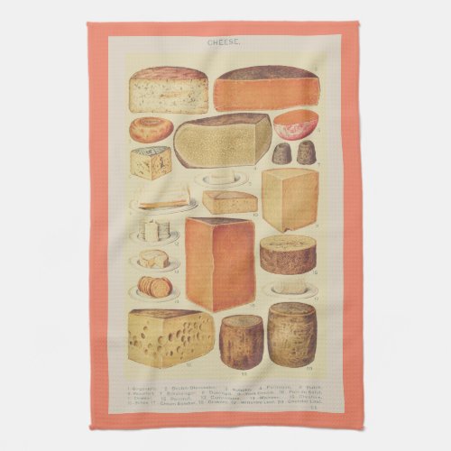 Vintage cheese chart illustration cheese menu kitchen towel