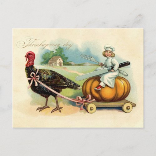 Vintage Chef Riding on Giant Pumpkin Thanksgiving Postcard