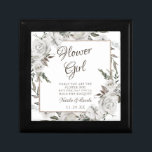 Vintage Cherish Flower Girl Quote Personalized Gift Box<br><div class="desc">Vintage Cherish White Floral & Rose Gold Painted Roses and Flowers. A Vintage Classic and Elegant Look, and Plenty of Gray, Ivory White, Rose Gold, Dusty Pink, Pine Green, and Gray leaves and foliage. With Hand Painted Floral elements, Vintage Classic Script Fonts, and Elegant Rose Gold Glitter Foil Geometric Square...</div>
