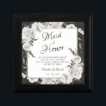 Vintage Cherish Maid of Honor Quote Personalized Gift Box<br><div class="desc">Vintage Cherish White Floral & Rose Gold Painted Roses and Flowers. A Vintage Classic and Elegant Look, and Plenty of Gray, Ivory White, Rose Gold, Dusty Pink, Pine Green, and Gray leaves and foliage. With Hand Painted Floral elements, Vintage Classic Script Fonts, and Elegant Rose Gold Glitter Foil Geometric Square...</div>