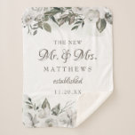 Vintage Cherish Rose The New Mr. & Mrs. Newlyweds Sherpa Blanket<br><div class="desc">Vintage Cherish White Floral & Rose Gold Painted Roses and Flowers. A Vintage Classic and Elegant Look, and Plenty of Gray, Ivory White, Rose Gold, Dusty Pink, Pine Green, and Gray leaves and foliage. With Hand Painted Floral elements, Vintage Classic Script Fonts and Classy Peony and Rose Borders - The...</div>