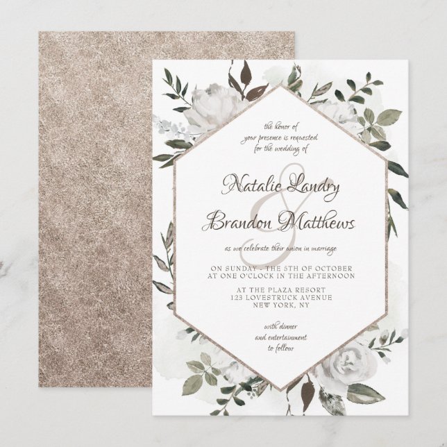 Vintage Cherish White Floral Hexagon Wedding Invitation (Front/Back)