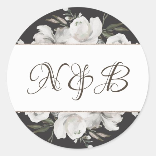 Vintage Cherish White Floral Monogram Wedding Classic Round Sticker