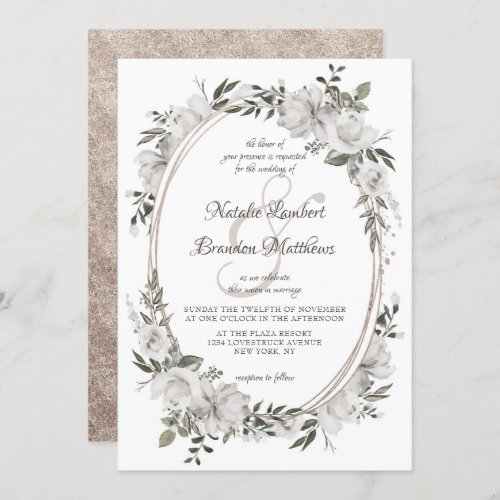 Vintage Cherish White Floral  Roses Oval Wedding Invitation