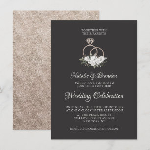 Vintage Cherish White Floral Roses & Rings Wedding Invitation