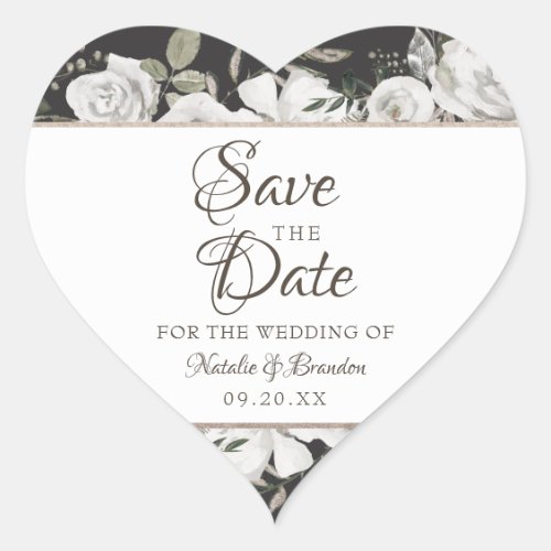 Vintage Cherish White Floral  Roses Save the Date Heart Sticker
