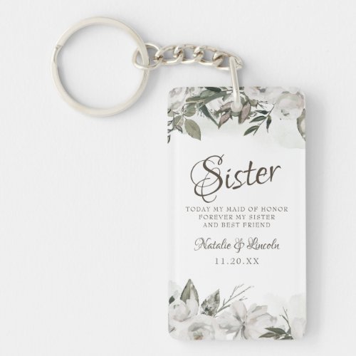 Vintage Cherish White Floral To the Sister Quote Keychain