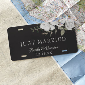 Vintage Cherish White Floral Wedding Just Married License Plate