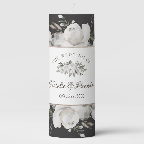 Vintage Cherish White Floral Wedding Monogram Pillar Candle