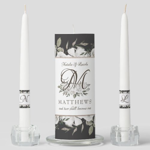 Vintage Cherish White Floral Wedding Monogram Unity Candle Set