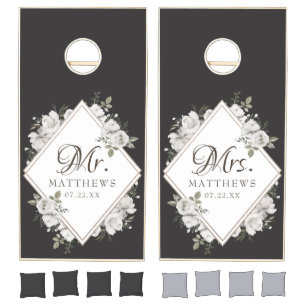 Vintage Cherish White Floral Wedding Mr & Mrs Cornhole Set