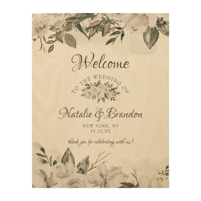 Vintage Cherish White Floral Wedding Welcome Sign (Front)