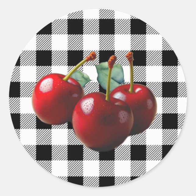 Vintage Cherries black white gingham Classic Round Sticker (Front)