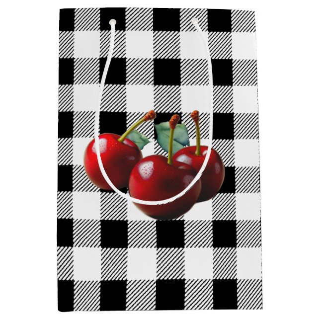 Vintage Cherries black white gingham Medium Gift Bag (Front)