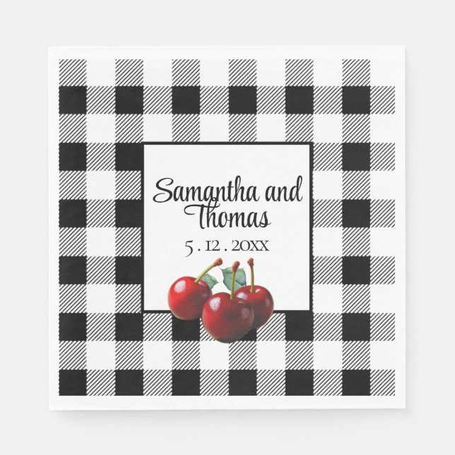 Vintage Cherries black white gingham Napkins (Front)